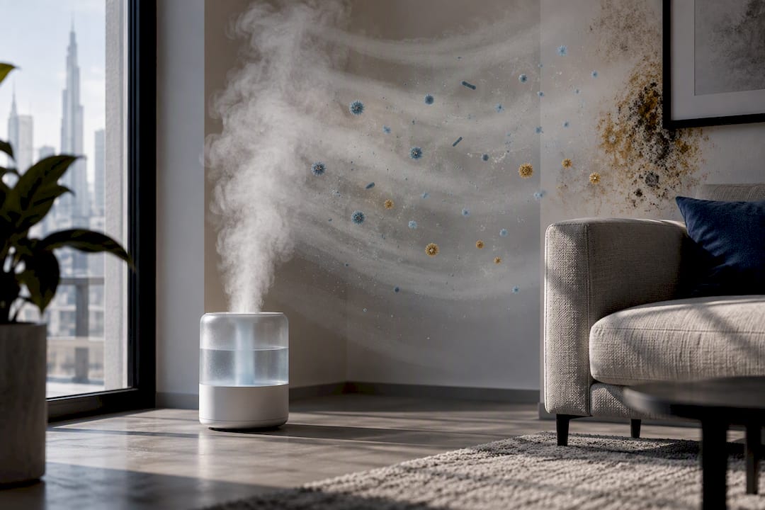Illustration of humidifier moisture and microbial growth