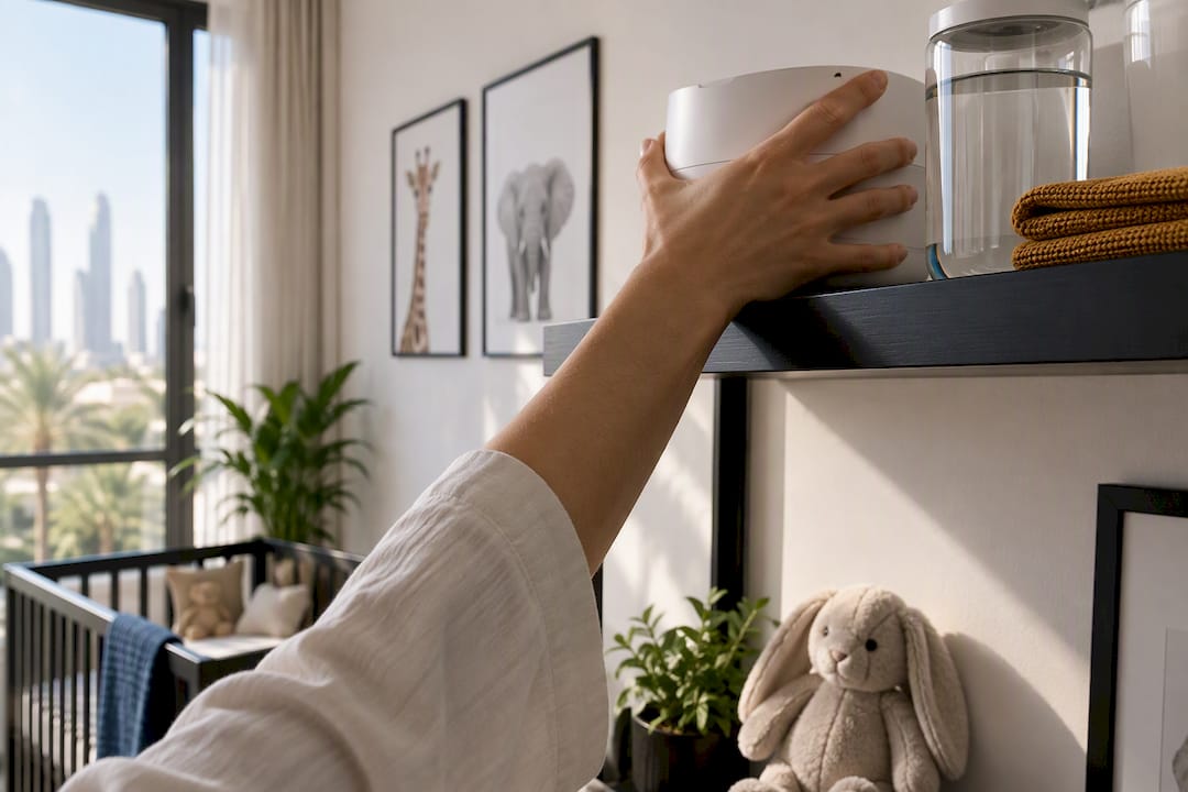 Anonymous humidifier placed safely on nursery shelf